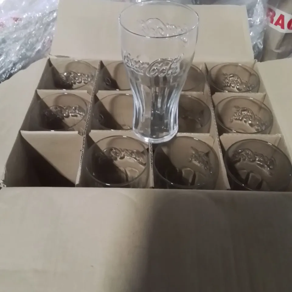 BOXED COCA COLA GENUINE CONTOUR GLASS 16 OZ APPROXIMATELY 24 PACK 
