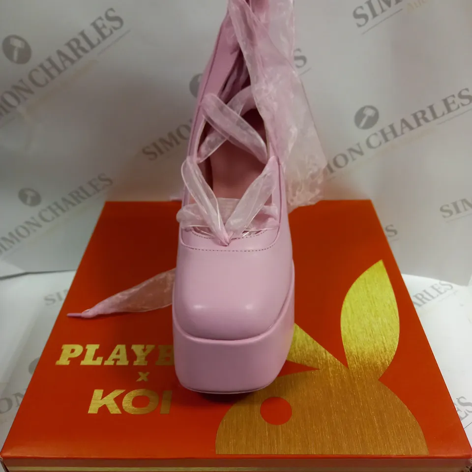 BOXED KOI FOOTWEAR PLAYBOY INFIDELITY PINK LACE UP HEELED BOOTS - 6