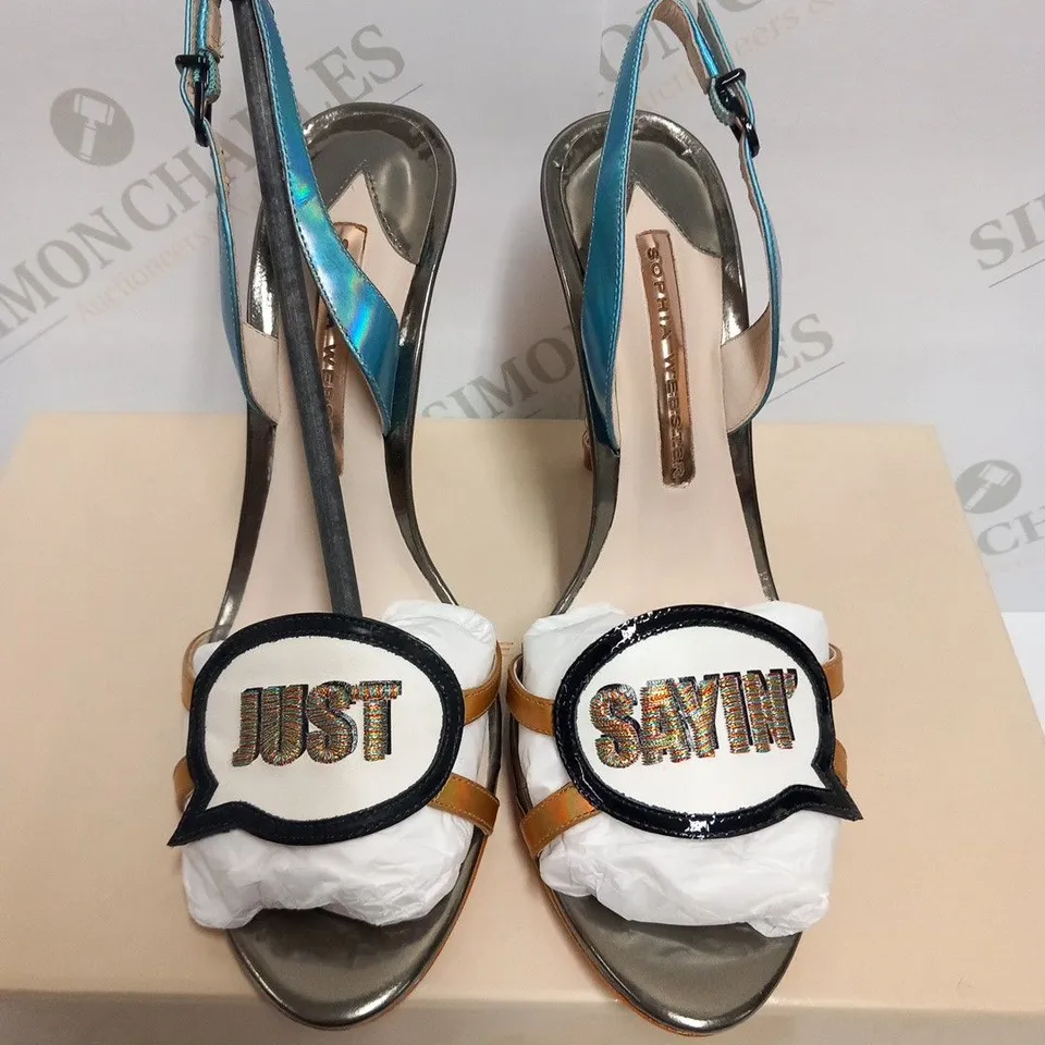 BOXED PAIR OF SOPHIA WEBSTER JUST SAYING SANDAL 100 GUNMETAL SIZE 38