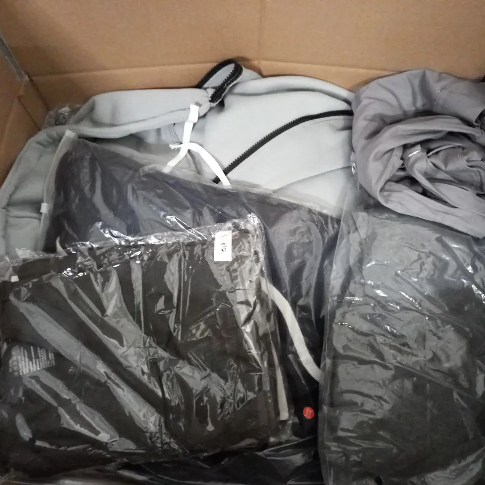 BOX OF ASSORTED CLOTHING ITEMS TOO INCLUDE JUMPERS, SHIRTS AND TROUSERS IN VARIOUS SIZES AND COLOURS   