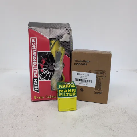 BOX OF APPROXIMATELY 15 ASSORTED AUTO/RELATED ITEMS TO INCLUDE MANN FILTER, TIRE INFLATOR, BRAKE CALIPER COVER ETC
