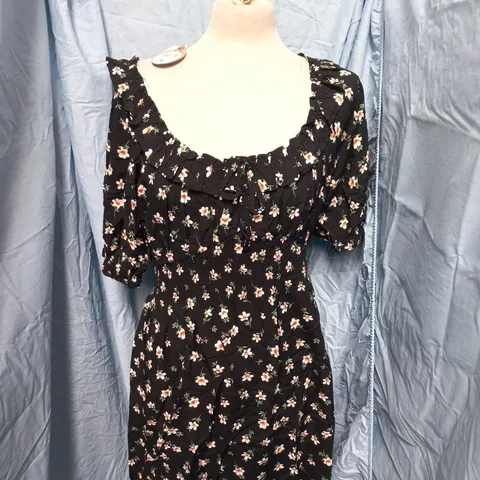 APRICOT FLORAL MILKMAID FRILL MINI DRESS – BLACK, UK SIZE L