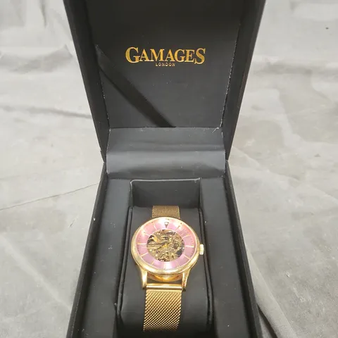 GAMAGES LONDON GOLD-TONE SKELETON WATCH WITH PINK DIAL, MESH BRACELET