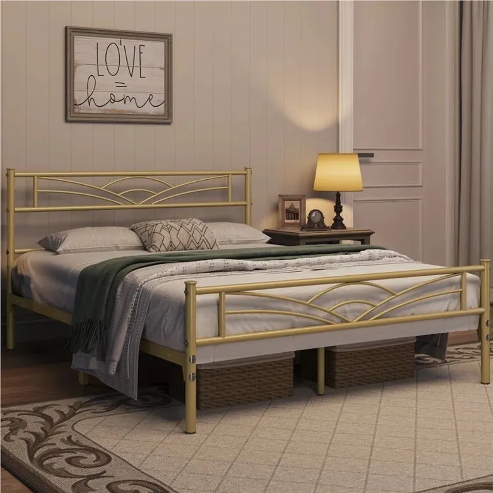 BOXED YAHEETECH COLOR MINIMALIST METAL BED FRAME - ANTIQUE GOLD // SIZE: 150 X 200cm (1 BOX)