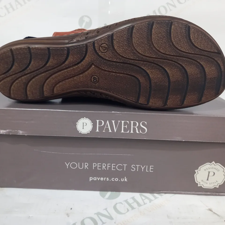 BOXED PAIR OF PAVERS OPEN TOE VELCRO STRAP LOW WEDEGE HEEL SANDALS IN BURNT SIENNA COLOUR SIZE 7
