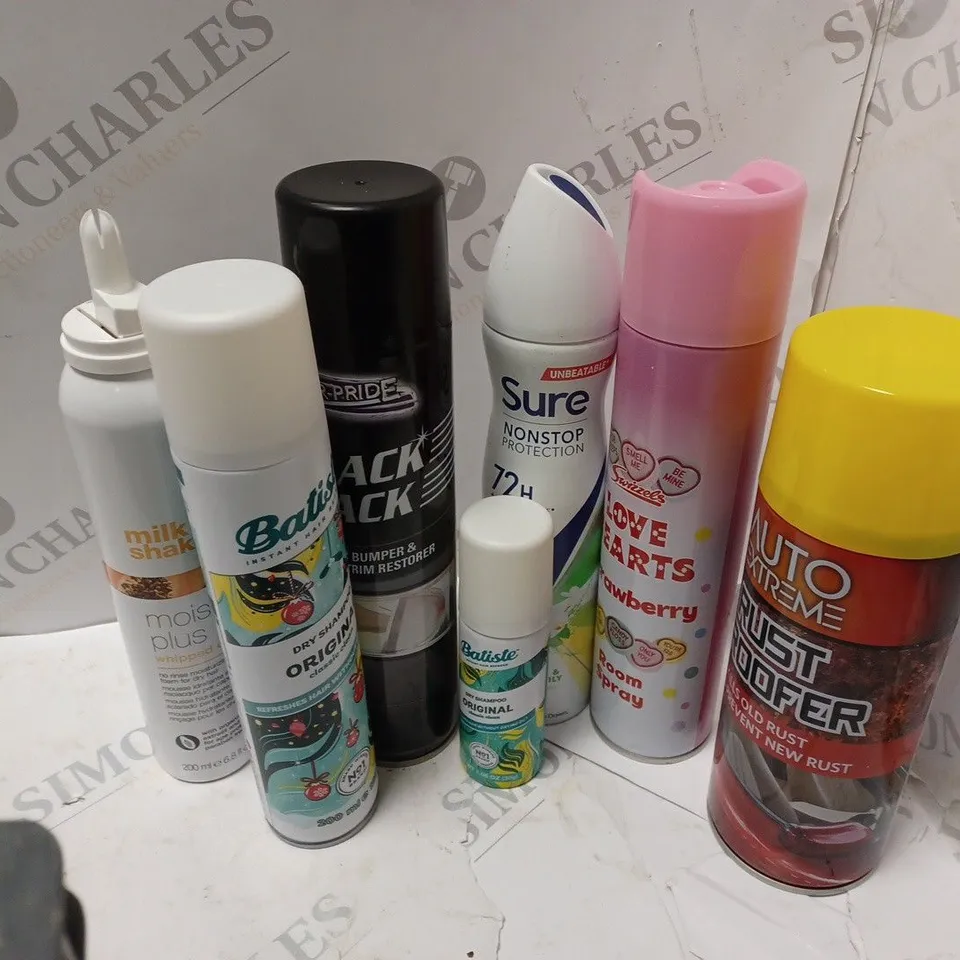 BOX OF APPROXIMATELY 20 ASSORTED AEROSOLS TO INCLUDE - SURE FREESIA & WATER LILY SPRAY, BATISTE DRY SHAMPOO, LOVE HEARTS ROOM SPRAY, ETC - COLLECTION ONLY