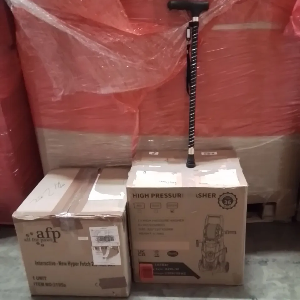 PALLET OF ASSORTED HOUSEHOLD GOODS AND PRODUCTS TO INCLUDE;HIGH PRESSURE WASHER,INTERACTIVE DOG BALL LAUNCHER,WALKING STICK