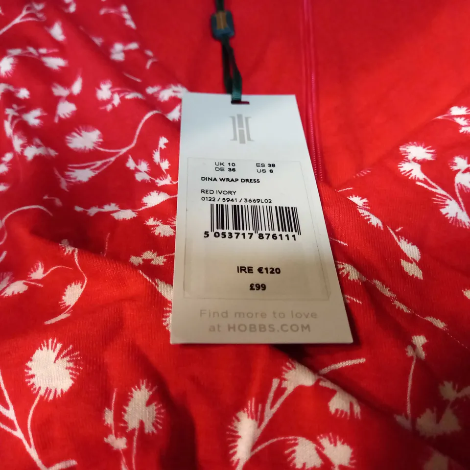 HOBBS RED/IVORY FLORAL PRINT MIDI DRESS - SIZE 10