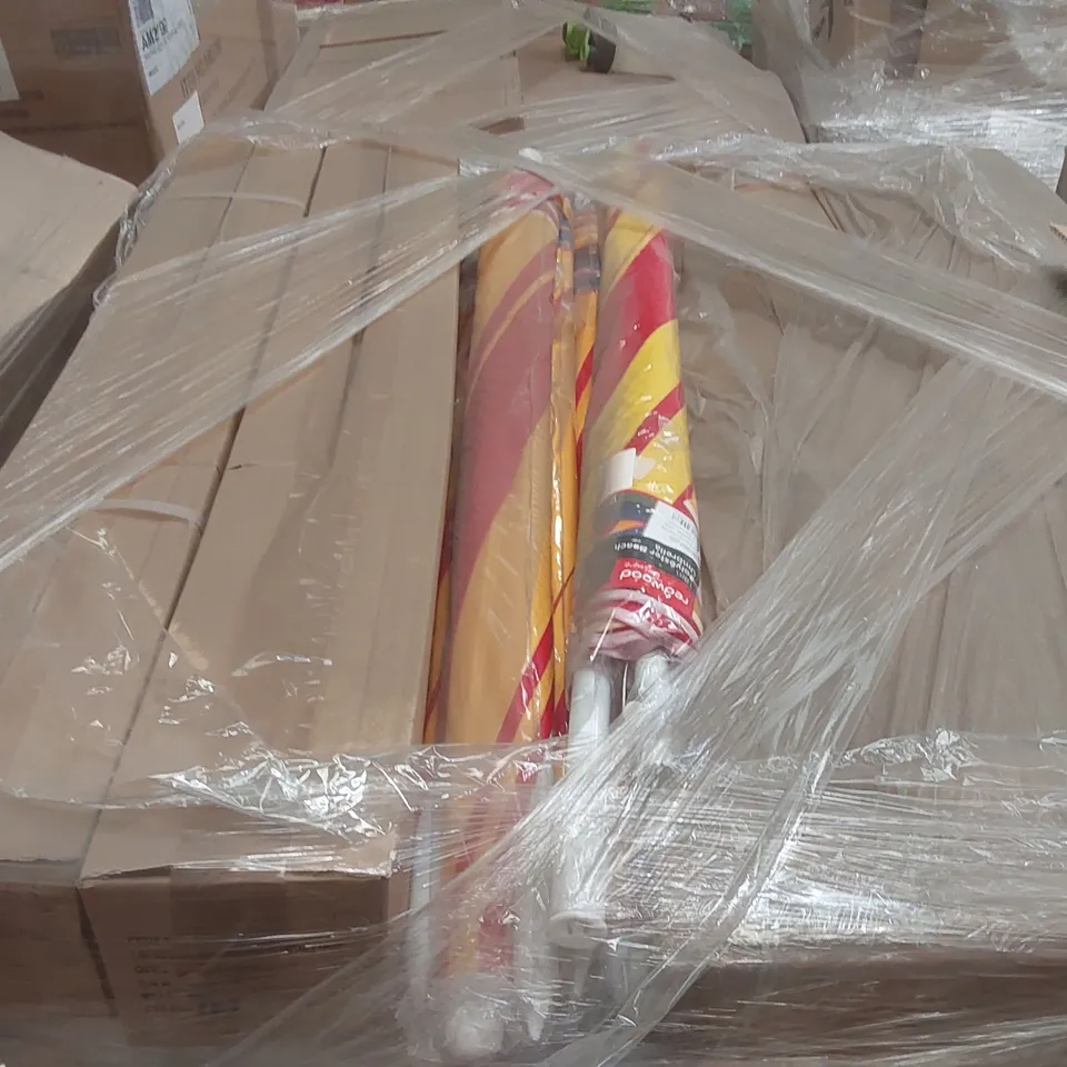 PALLET CONTAINING A VERY LARGE QUANTITY OF ASSORTED ITEMS INCLUDING: ELECTRIC PULSE NECK & BACK MASSAGES, POLYESTER BEACH UMBRELLAS ECT