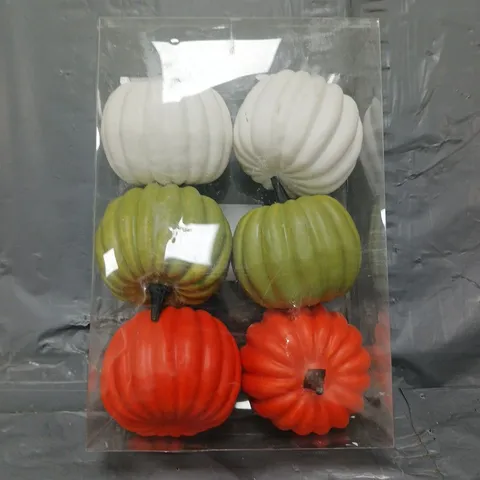 BOX OF 12X6 DECORATIVE CORE PUMPKINS IN WHITE/ORANGE/GREEN