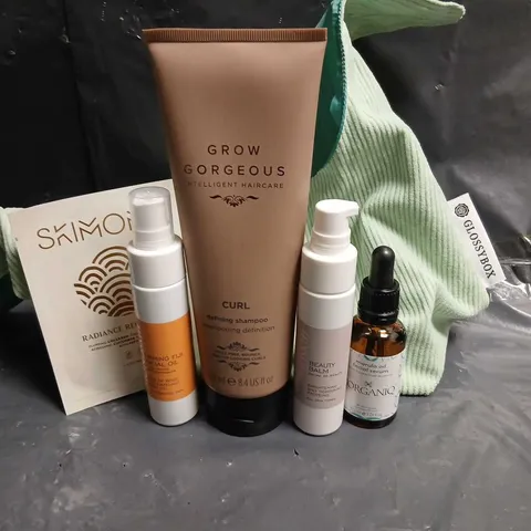 APPROXIMATELY SIX ASSORTED COSMETICS PRODUCTS TO INCLUDE; GLOSSYBOX BAG, SKIMONO RADIANCE RECOVERY EYE MASK, MONUSKIN REVITALISING MOISTURISER, GROW GORGEOUS CURL DEFINING SHAMPOO, MONUSKIN FIRMING FI
