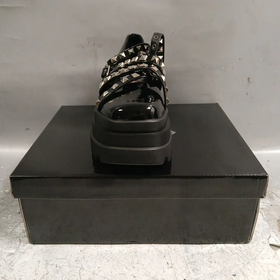 BOXED PAIR OF KOI SIMA STUDDED PLATFORM BALLET SHOES IN BLACK - UK 5