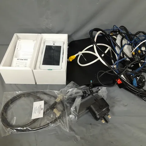 BOX OF ASSORTED HOUSEHOLD ITEMS TO INCLUDE SKY BOX AND WIRES