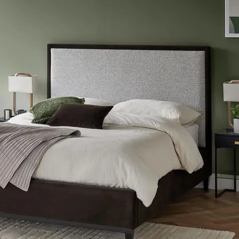 BOXED DANETTI MONICA GREY FABRIC AND DARK CHOCOLATE VELVET KING SIZE OTTOMAN STORAGE BED (3 BOXES)