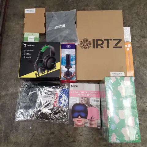 PALLET OF 4 BOXES CONTAINING ASSORTED PRODUCTS INCLUDING TV ANTENNA, HEADACHE/MIGRAINE RELIEF HAT, NON STICK FRYING PAN, HEADSET, CHILDRENS GRAFFITI SCROLL