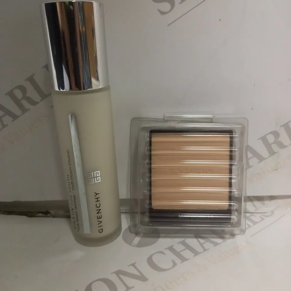 BOX OF APPROX 10 ASSORTED GIVENCHY BEAUTY PRODUCTS TO INCLUDE YOUTH INFUSION EMULSION & POWDER FOUNDATION 	