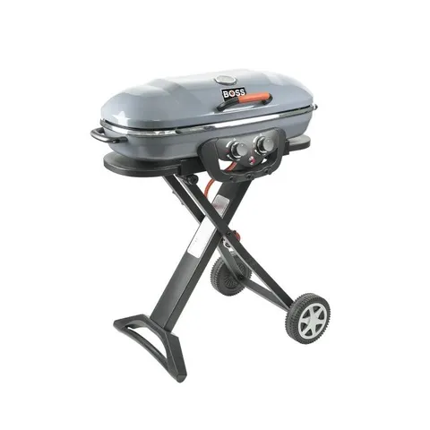 BOXED BOSS GRILL DELUXE PORTABLE - 2 BURNER GAS BBQ GRILL WITH TROLLEY - GREY