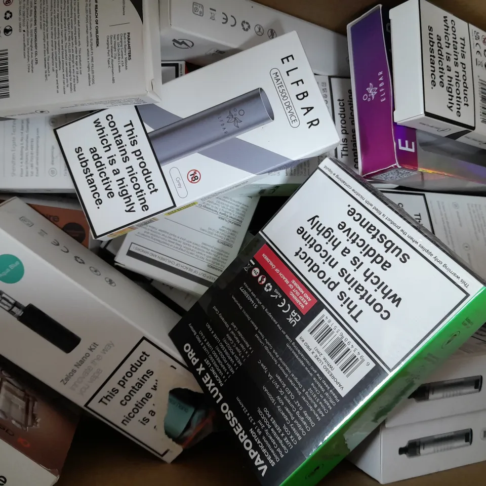 BOX OF APPROXIMATELY 10 ASSORTED E-CIGARETTE/VAPING PRODUCTS - MAKES, MODELS, COLOURS, AND STYLES VARY - COLLECTION ONLY