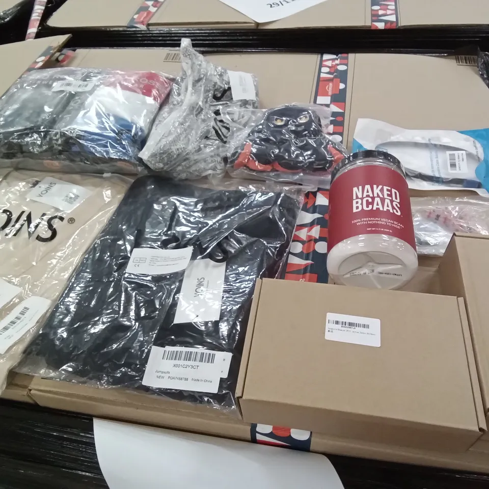 PALLET OF ASSORTED ITEMS INCLUDING PORTABLE LINT REMOVER, YOINS BLACK JUMPSUIT, NAKED BCAAS, ANTONIO ROSSI MENS 12PK UNDERWEAR, OCTOPUS PLUSHIE