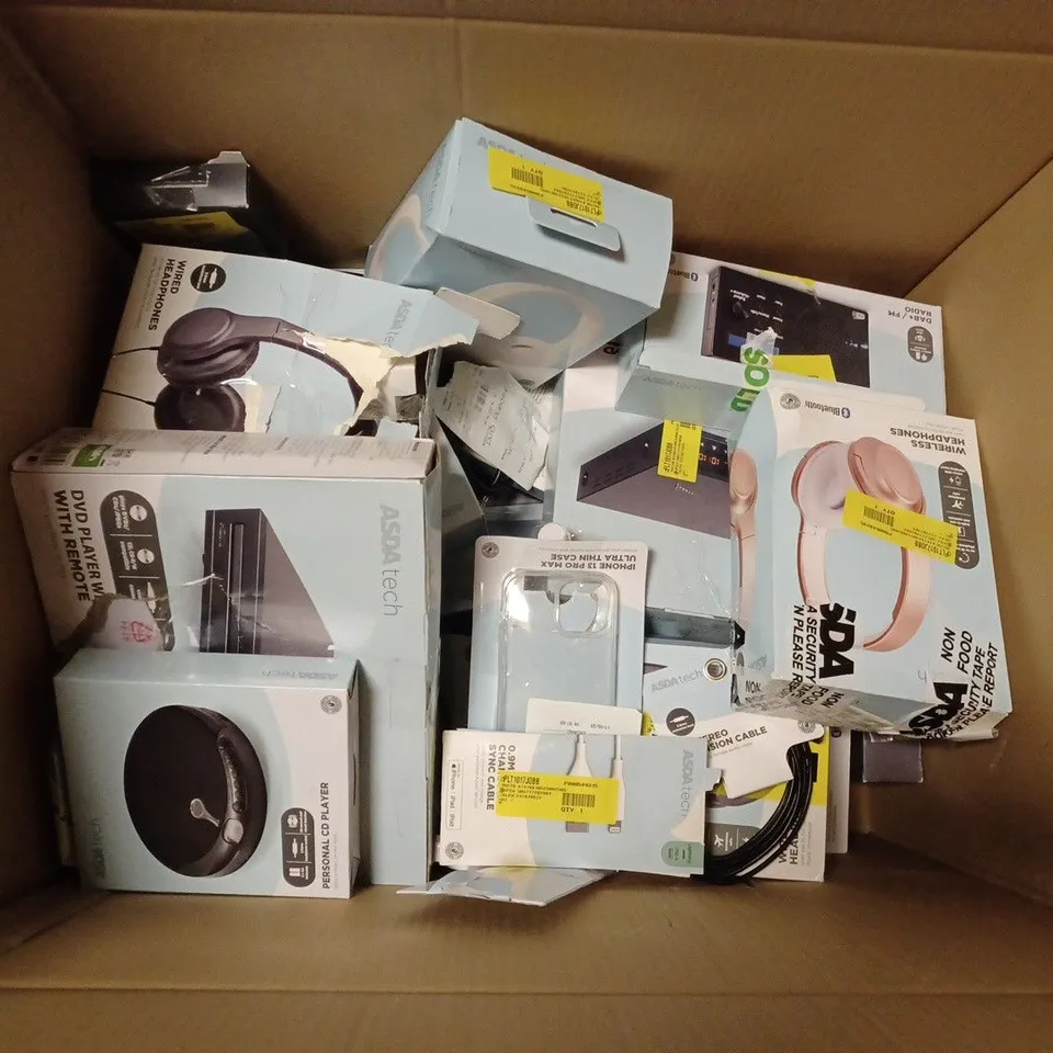 BOX OF APPROX 20 ASDATECH ITEMS INCLUDING WIRED HEADPHONES, DVD PLAYER WITH HDMI FUNCTION AND POCKET RADIO