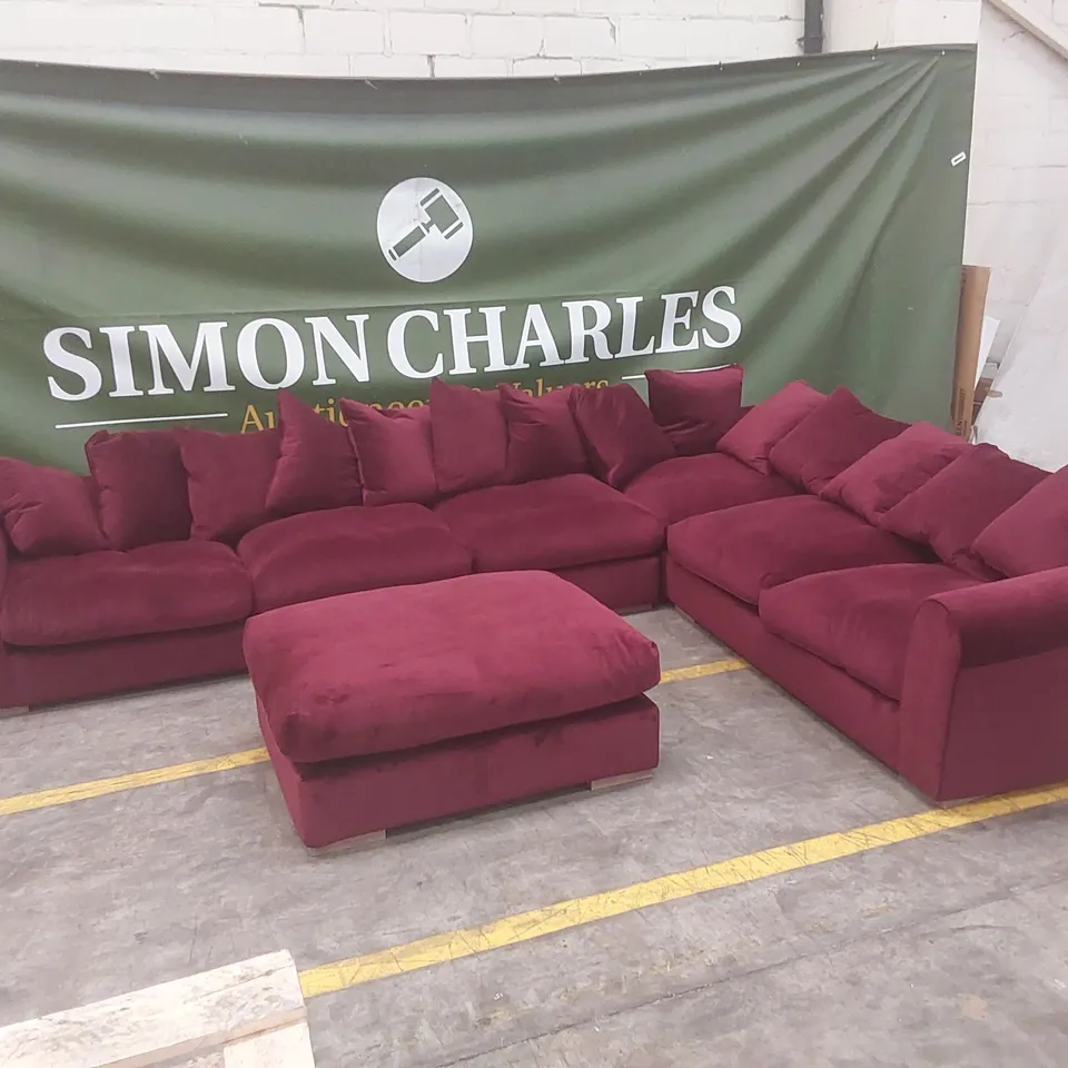 QUALITY DESIGNER EX DISPLAY LARGE VELVET CORNER SOFA WITH FOOTSTOOL - WINE RED 