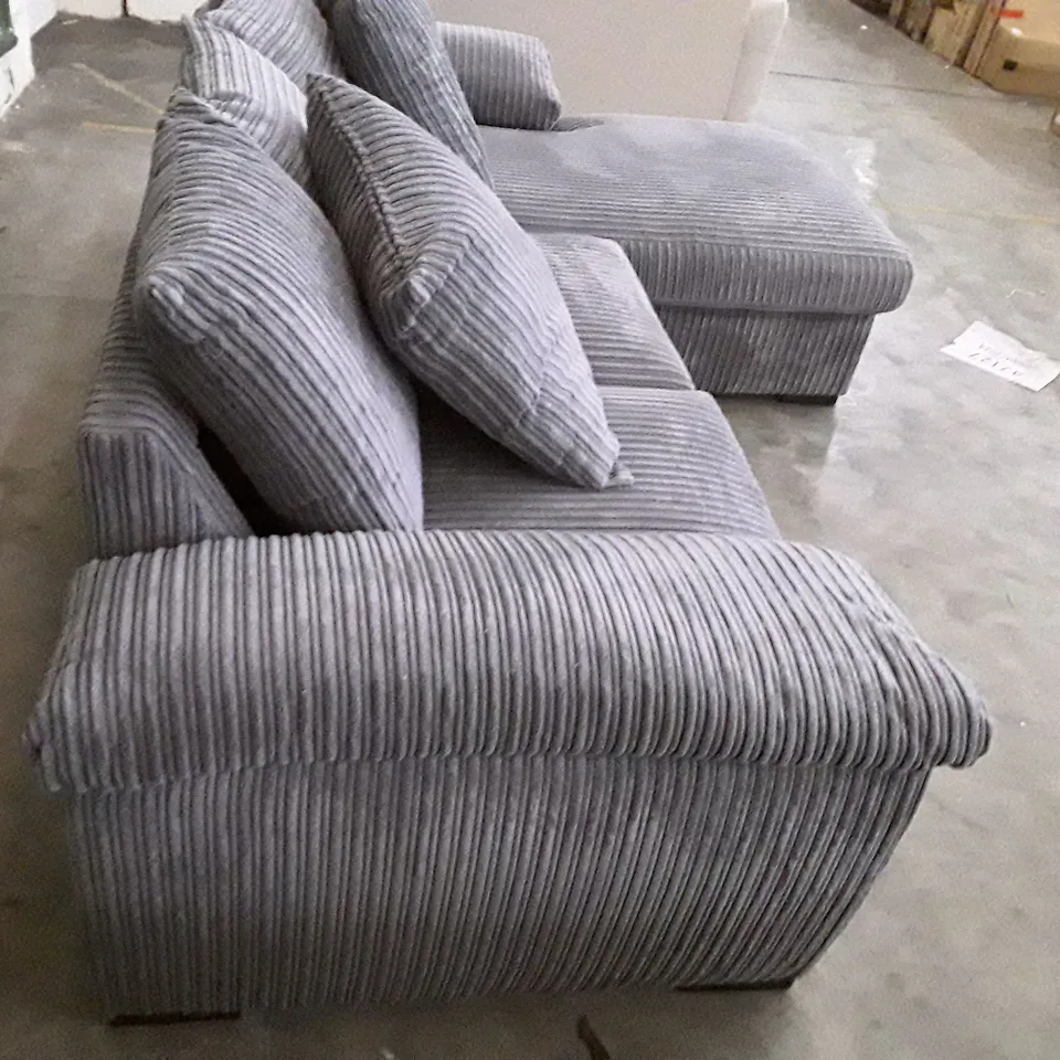 QUALITY DESIGNER 3 SEATER SOFA WITH RHF CHAISE - GREY CORDUROY FABRIC 