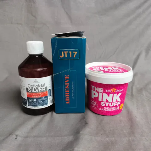 APPROX 10 ASSORTED ITEMS TO INCKUDE - COLLOIDAL SILVER 500ML, JT17 ADHESIVE (3D PRINTING), THE PINK STUFF CLEANING PASTE 