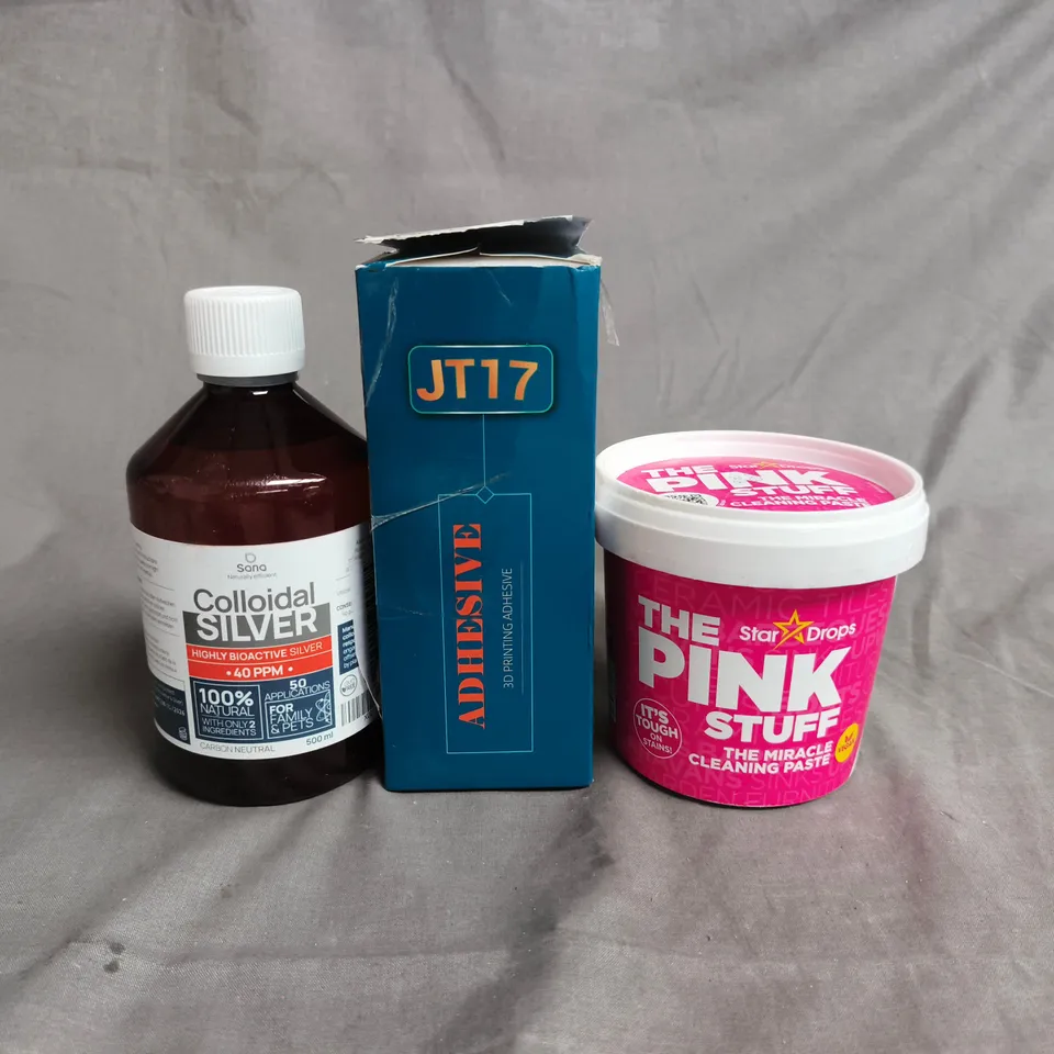 APPROX 10 ASSORTED ITEMS TO INCKUDE - COLLOIDAL SILVER 500ML, JT17 ADHESIVE (3D PRINTING), THE PINK STUFF CLEANING PASTE