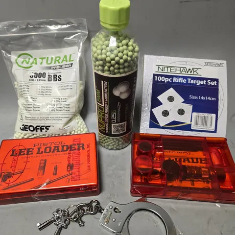 APPROX 8 ASSORTED ITEMS TO INCLUDE RIFLE TARGET SET, BB AMMUNITION, HANDCUFF, ETC