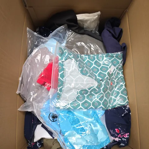 LARGE BOX OF APPROXIMATELY 20 ASSORTED CLOTHING ITEMS IN VARIOUS SIZES, STYLES AND COLOUR