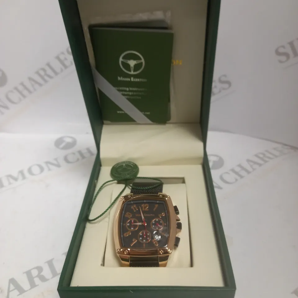 BOXED MANN EGERTON IMPACT ROSE BLACK DIAL MESH STRAP WATCH 