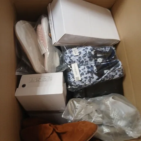BOX OF APPROXIMATELY 12 PAIRS OF ASSORTED SHOES IN VARIOUS STYLES , COLOURS AND SIZES