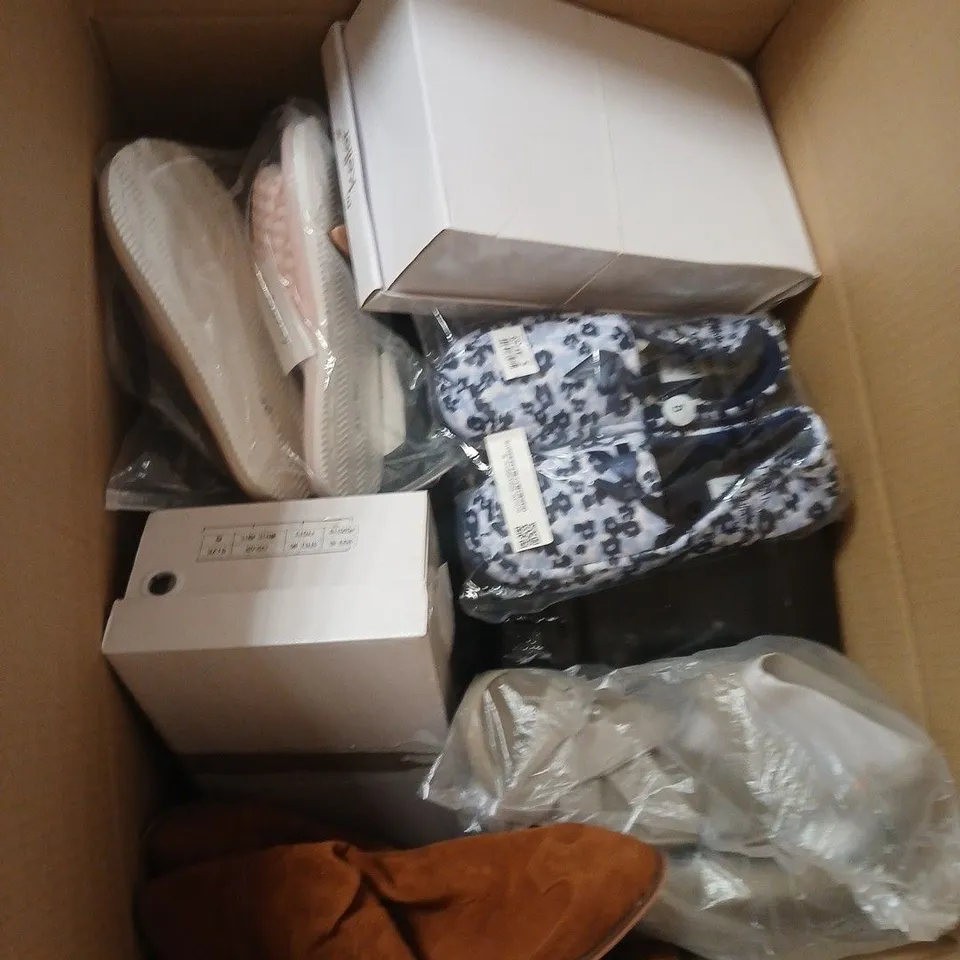 BOX OF APPROXIMATELY 12 PAIRS OF ASSORTED SHOES IN VARIOUS STYLES , COLOURS AND SIZES
