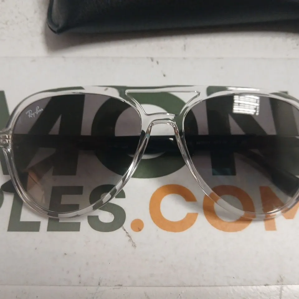 RAY-BAN SUNGLASSES – CLEAR FRAME WITH SILVER RIM, LOGO ON LENS 