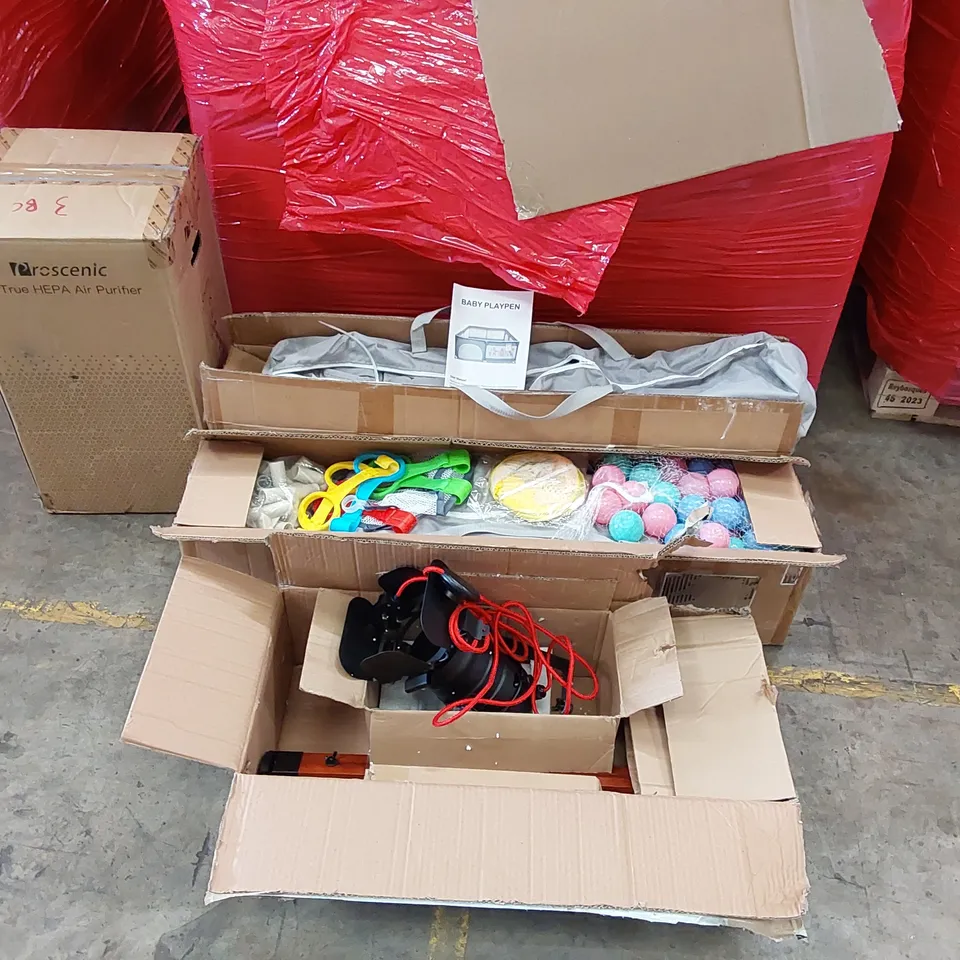 PALLET OF ASSORTED CONSUMER PRODUCTS TO INCLUDE; BABY PLAY PENS, TRUE HEPA AIR PURIFIER, PHOTOGRAPHY EQUIPMENT ECT