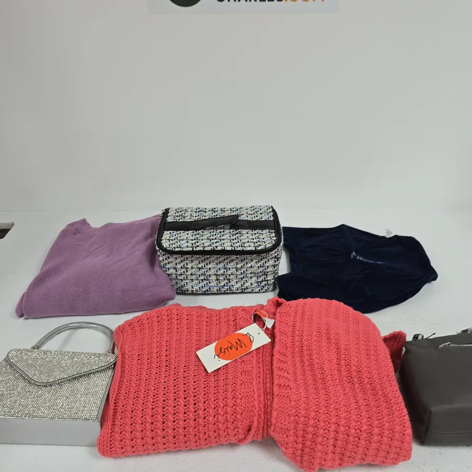BOX OF APPROXIMATELY 15 ASSORTED ITEMS INCLUDING A LIVMORE MAKEUP BAG, AN OBUSFORME SIDE SLEEPER INFLATABLE TRAVEL PILLOW AND LA MAREY LARGE PURPLE JUMPER