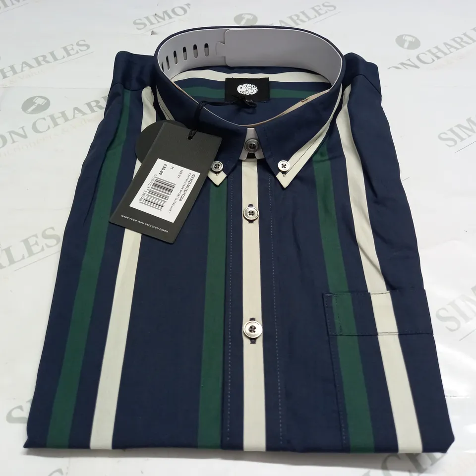 PRETTY GREEN CARTER STRIPE SHORT SLEEVE SHIRT IN NAVY/GREEN/WHITE - MEDIUM