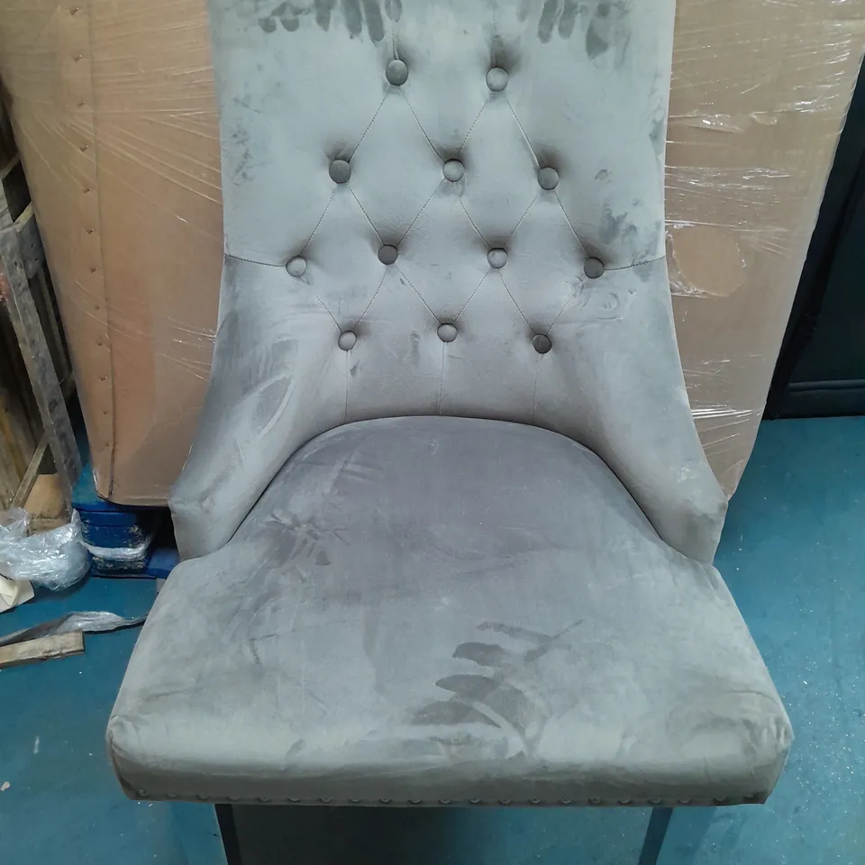 VELVET UPHOLSTERED CHAIR IN GREY - COLLECTION ONLY 