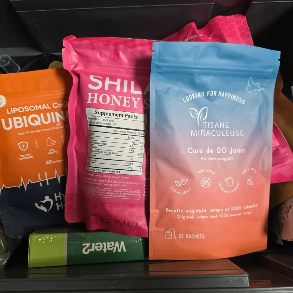 APPROXIMATELY 15 ASSORTED VITAMIN/HEALTH AID PRODUCTS TO INCLUDE HER-LAJIT HONEY STICKS, CBD GO GUMMIES, MANDATORY ELECTROLYTES, ETC - COLLECTION ONLY