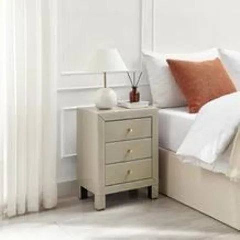 BOXED LEXI SMALL SLIMLINE TAUPE 3 DRAWER MIRRORED BEDSIDE TABLE