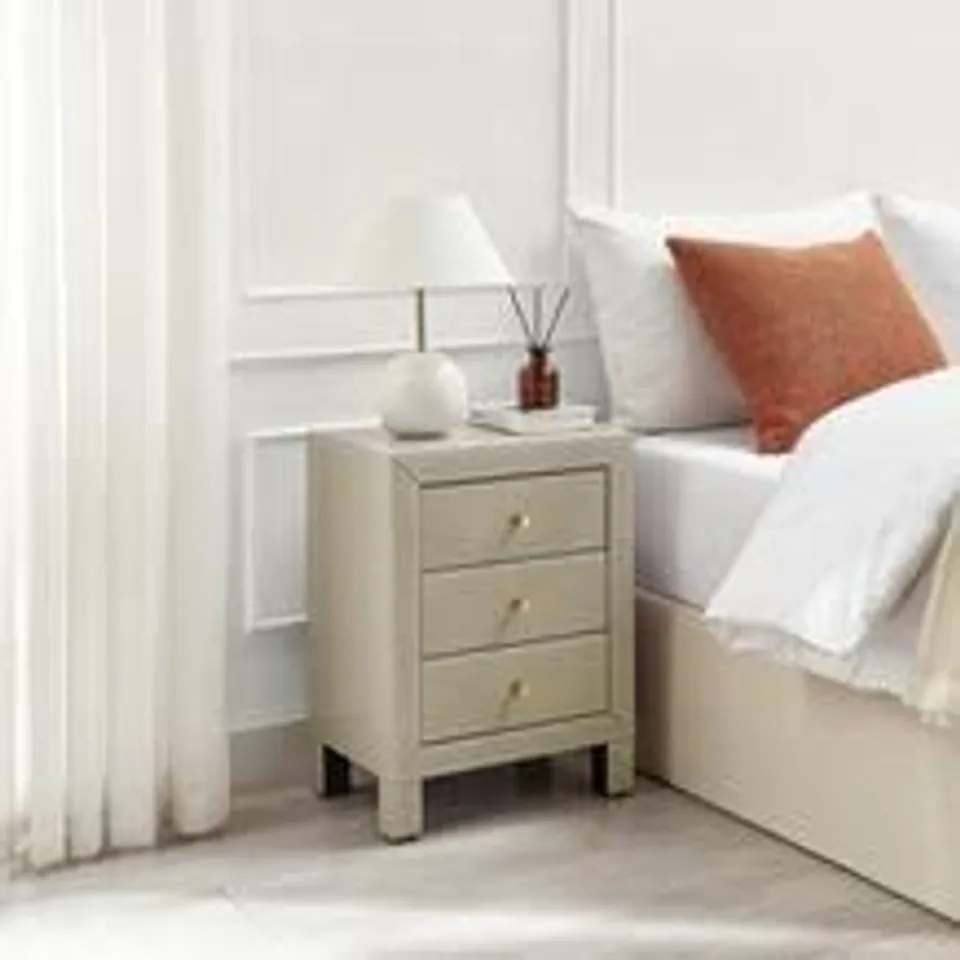 BOXED LEXI SMALL SLIMLINE TAUPE 3 DRAWER MIRRORED BEDSIDE TABLE