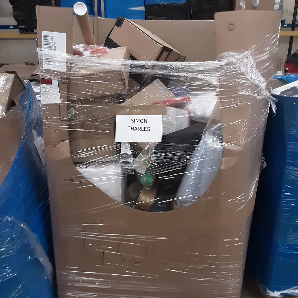 PALLET OF ASSORTED PRODUCTS INCLUDING AIR COOLER, SPRING LOADED TENSION ROD, SPACE HEATER, SIMPDIY, LAUNDRY BASKET, ACCSTORE FABRIC WARDROBE