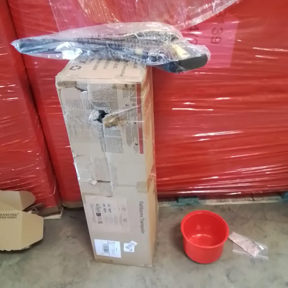 PALLET OF ASSORTED HOUSEHOLD GOODS AND PRODUCTS TO INCLUDE;TRAMPOLINE,STEAM CLEANER ACCESSORIE,RICE BUCKET 