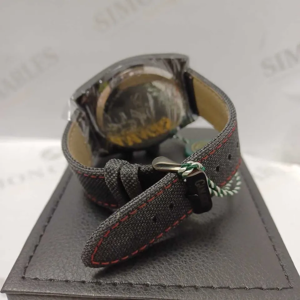 GAMAGES RETRO CALIBRE BLACK TRIPLE DATE DIAL AUTOMATIC TACHYMETER LEATHER STRAP WRISTWATCH	