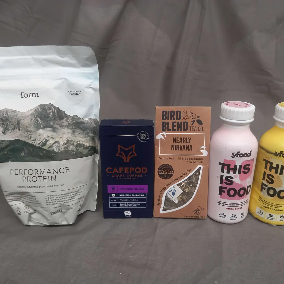 APPROXIMATELY 12 ASSORTED FOOD AND DRINK ITEMS TO INCLUDE YFOOD, PROTEIN, TEA PARCELS AND CRAFT COFFEE - COLLECTION ONLY