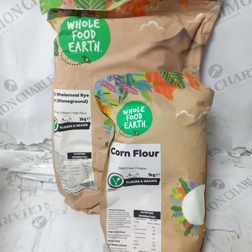 TWO BAGS OF WHOLE FOOD EARTH TO INCLUDE; CORN FLOUR GMO FREE/VEGAN 1KG AND 100% WHOLEMEAL RYE FLOUR(STONEGROUND) GMO FREE/VEGAN 3KG