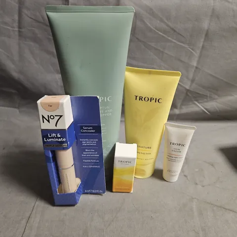 LOT OF 5 ASSORTED COSMETIC PRODUCTS TO INCLUDE - TROPIC SIGNATURE BODY LOTION - N07 SERUM CONCEALER IN FAIR - TROPIC BODY WASH - ETC