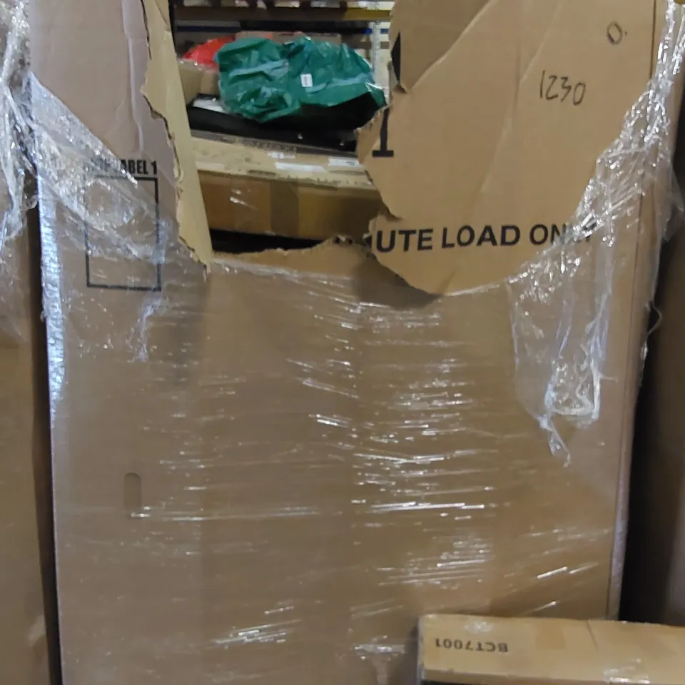 PALLET OF ASSORTED ITEMS INCLUDING: BAR TABLE, RECIPROCATING SAW, PET CARRIER, WALL SHELF, LAPTOP DESK
