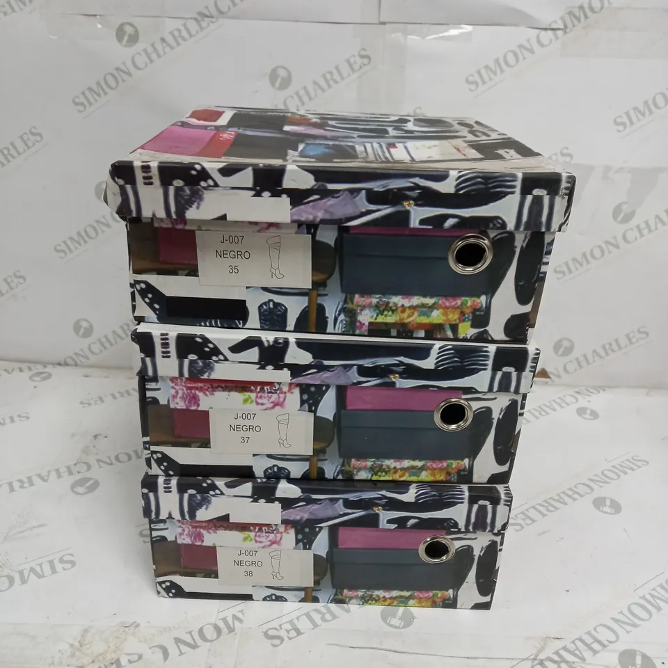 3 BOXED PAIRS OF BESTINN BLACK KNEE HIGH HEELED BOOTS IN VARIOUS SIZES 