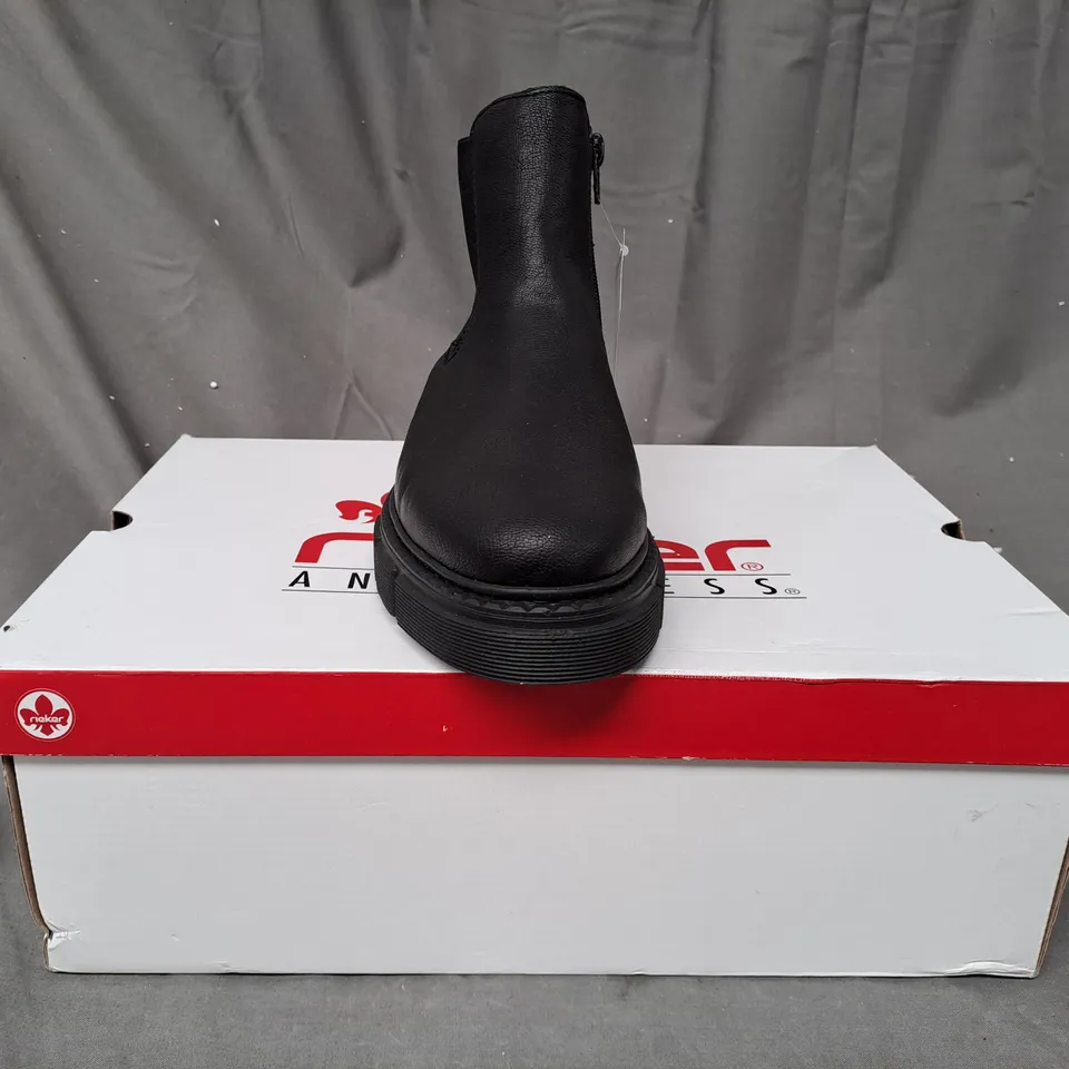 BOXED PAIR OF RIEKER CHUNKY ANKLE BOOTS IN BLACK - SIZE 6